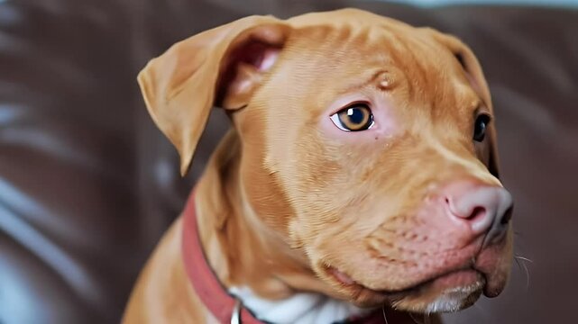 Cute Brown Puppy with Red Collar Posing in Studio with Leather Background