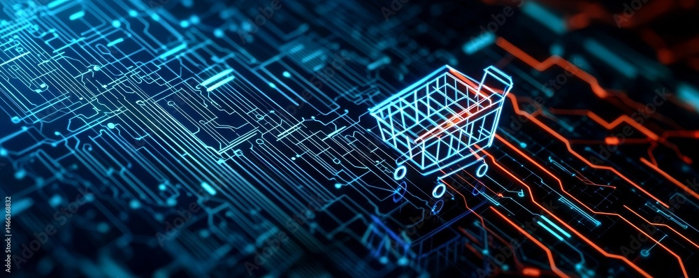 Poster e-commerce marketing strategy automation concept. digital shopping cart on a circuit board backgroun