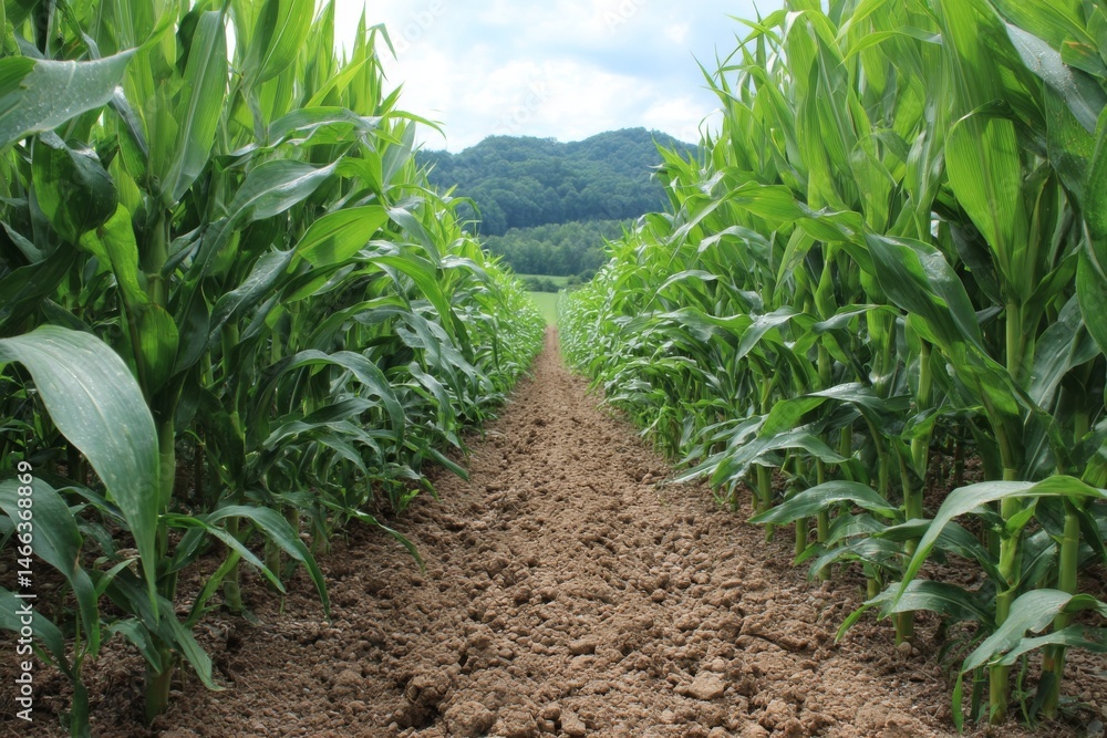 Poster scenic view of a vibrant green cornfield with a visible soil path and distant rolling hills under a 