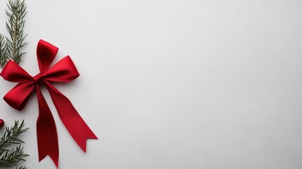 Red ribbon bow and pine branches decorate the left side of a white background, evoking a festive, holiday atmosphere.