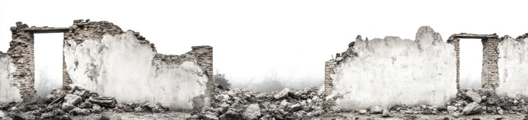 Grayscale Image of Crumbling Stone Ruins Against a Bright White Background