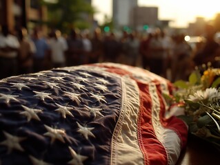 American flag draped over a casket during a funeral procession