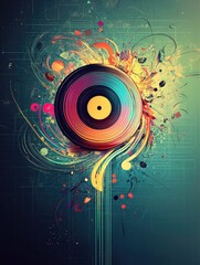 Colorful Vinyl Record with Splashes and Abstract Elements over Textured Background