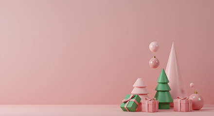 Colorful Christmas Decorations on Pink Background for Holiday Season