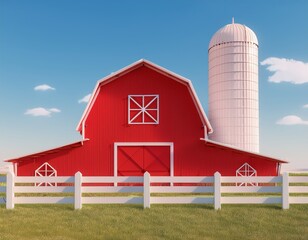 A classic red barn and silo stand proudly behind a white fence on a sunny day