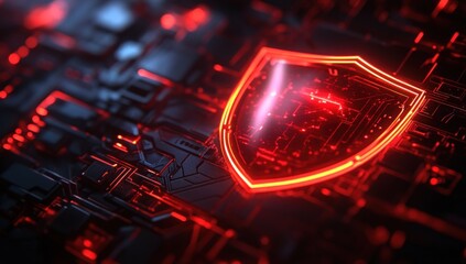 Digital shield overlaying complex circuit board.  Abstract, futuristic, glowing red security concept