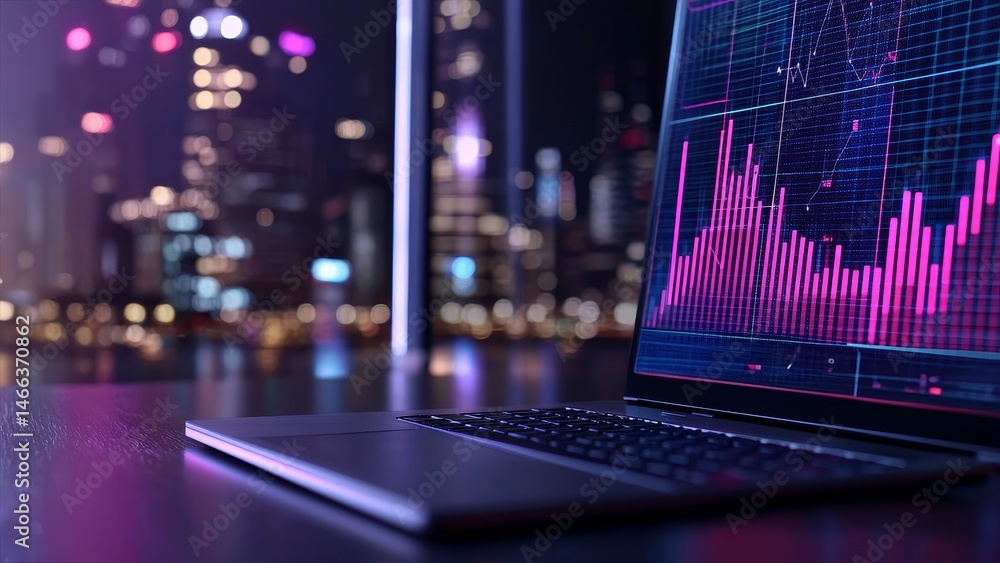 Poster business analytics and data science performance metrics concept. modern laptop displaying data analy
