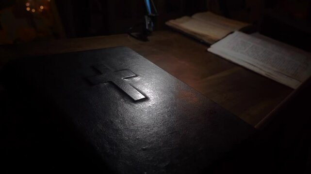 Bible on the table in a Christian church. Christianity, Bible study, religion concept