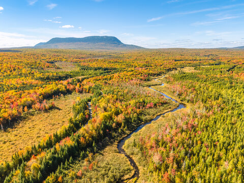 Aerial view of Baxter State Park in Maine showcasing autumn colors and a winding river