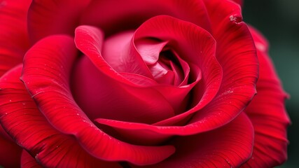 Naklejka premium A vibrant close-up captures the exquisite detail of a single deep red rose blossom, showcasing its velvety petals and intricate textures.