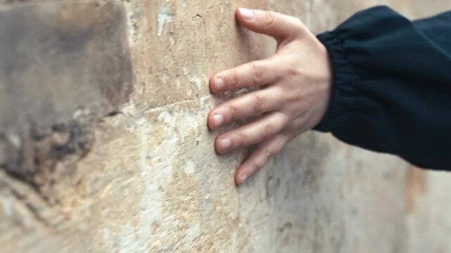 A woman's hand touches an ancient stone wall in a historic place in the city. Travel, attractions, history concept