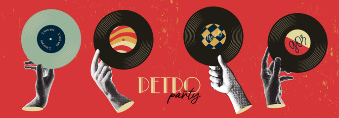 Trendy vintage collage set featuring hands holding vinyl records. Retro pop art illustration with a halftone effect. Vector illustration.