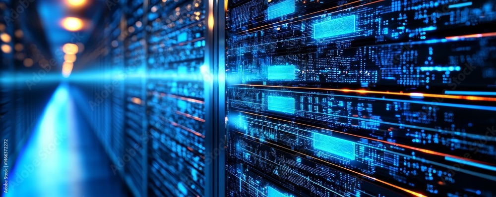 Poster digital asset management and storage concept. digital data flow alongside illuminated server racks i