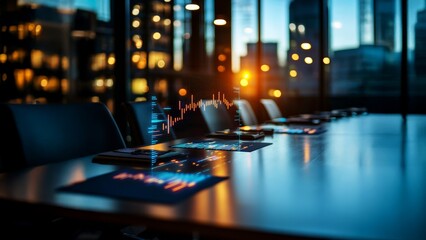Artificial intelligence in business personalization concept. Modern conference room with digital analytics overlay and city view.