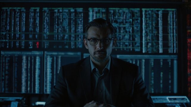 A man with glasses in front of multiple computer screens displaying complex data and code analysis - Powered by Adobe