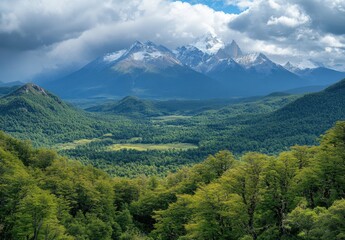 Lush Green Valley and Snow Capped Mountains under Partly Cloudy Sky
