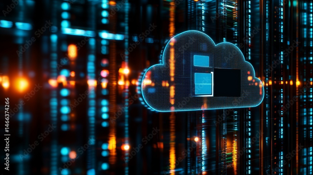 Poster digital asset management and storage concept. digital cloud technology with data streams and glowing