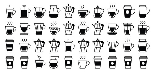 Vector icons of various coffee cups, brewing methods, and coffee-related equipment such as grinders, makers, and cups. Ideal for coffee shop, café, and beverage-themed designs.
