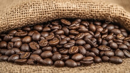 Fototapeta premium A burlap sack spills out roasted coffee beans, showcasing their rich color and glossy texture.