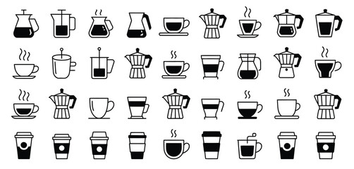   Vector icons of various coffee cups, brewing methods, and coffee-related equipment such as grinders, makers, and cups. Ideal for coffee shop, café, and beverage-themed designs.