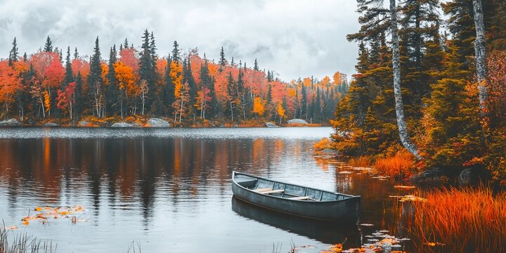 Idyllic autumn scenery featuring a tranquil lake with a rowboat in the foreground
