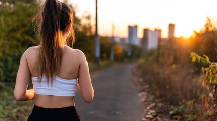 Woman Jogging Outdoors at Sunrise on a Path with Urban Background and Beautiful Sunlight