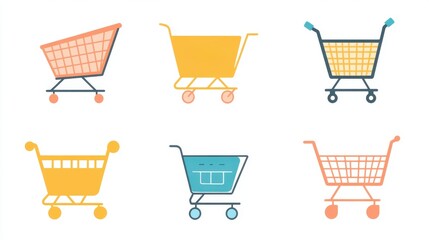 Colorful Shopping Cart Icons Set Modern Design Flat Style Retail Ecommerce buy sell blue pink cute