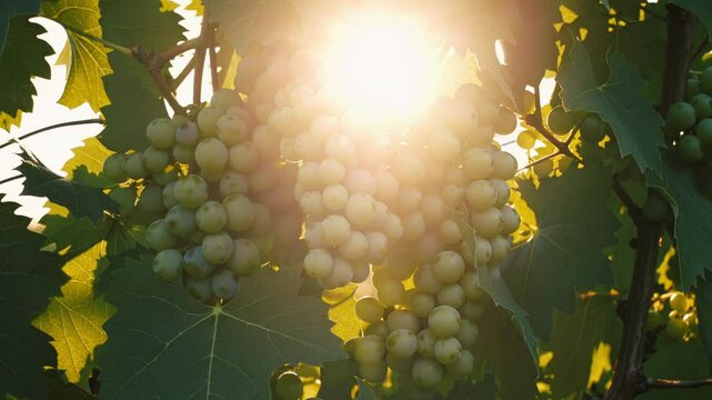 White Grapes Close-up God Rays Golden Hour Sunlight Vine Ripe Winemaking Vineyard. White wine