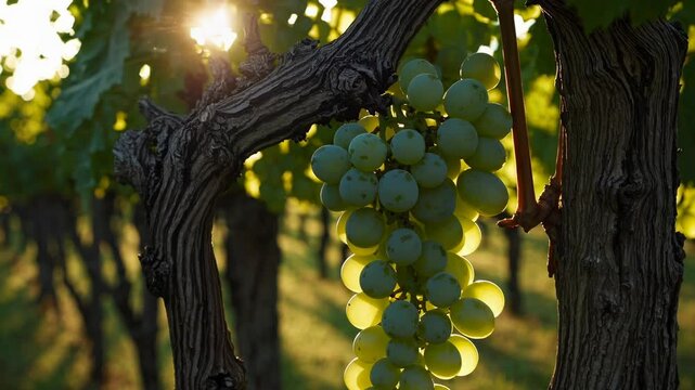 White Grapes Close-up God Rays Golden Hour Sunlight Vine Ripe Winemaking Vineyard. White wine