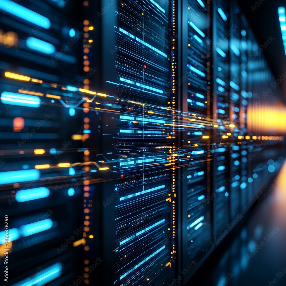 Poster digital asset management and storage concept. high-tech server room with vibrant data flow and illum