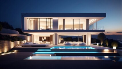 Modern luxury villa at night with ambient lighting and sleek contemporary architecture 