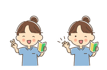 初心者マークを持っているスクラブ姿の女性セット（ピース・OKサイン）