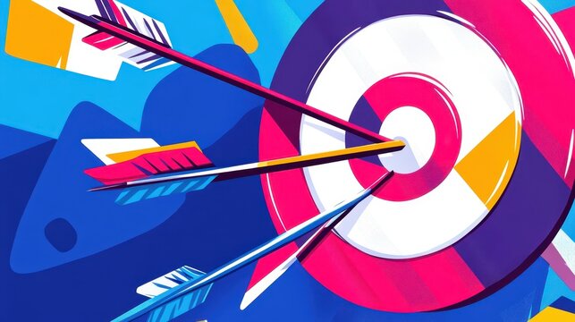 Conceptualized achievement illustration featuring arrows hitting the bullseye in abstract style expressing successful targeting theme