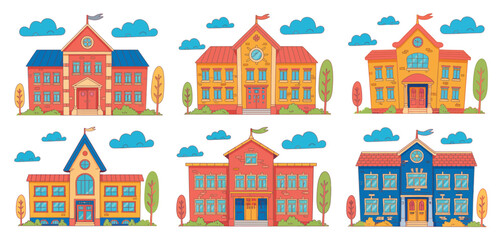  Vector illustrations of various school buildings including traditional, modern, and educational campus structures. Ideal for themes related to education, school environment, and academic institution