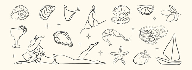 Italian summer set with woman. Hand drawn greek seafood, coast sea elements for placard, Italy menu, poster. Coastal Greece foods, oyster, olive, lemon, shell. Ink vector illustration.