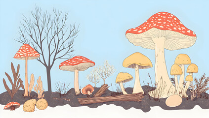 Autumn Mushrooms Forest Illustration