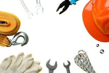 Tools and safety gear arranged for Labor Day celebration preparation, isolated on white, PNG