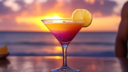 Sunset cocktail by the ocean. Vibrant layered drink garnished with lemon