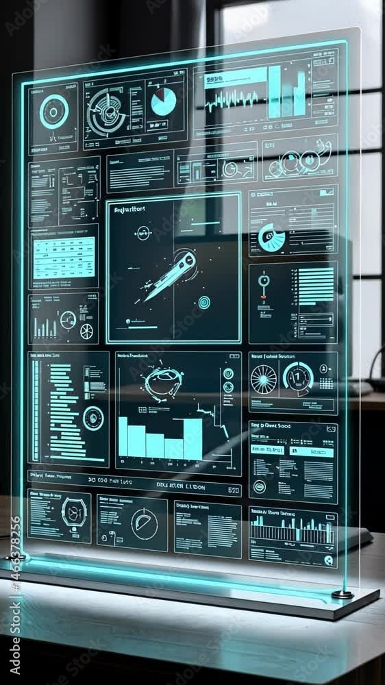Poster futuristic holographic interface displaying data in a modern office