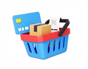 Fototapeta premium Shopping Cart with Package, Card, and Receipt: A Playful 3D Render