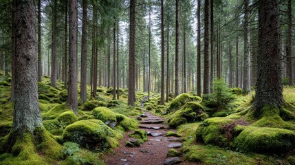 Obraz premium Serene Mossy Forest Path Picturesque Nature Trail Winding Through Lush Green Woods