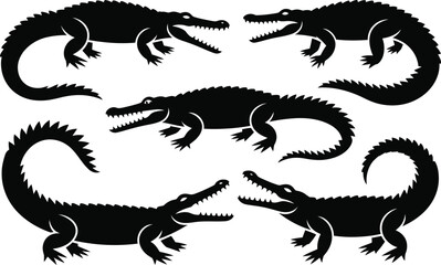 Naklejka premium Vector illustrations of various angry alligator silhouettes for design and wildlife projects