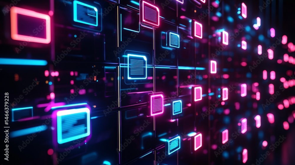 Poster digital asset management and storage concept. vibrant digital circuit design with neon colors and gl