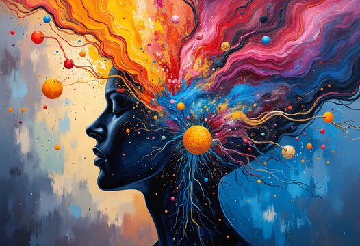 Abstract brain artwork exploding with colors and swirling imagination elements