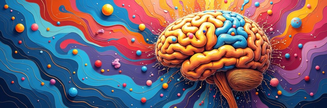 Abstract brain artwork exploding with colors and swirling imagination elements