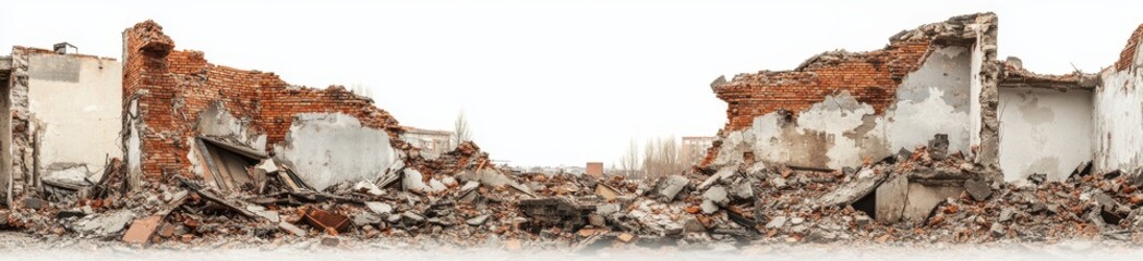 Fototapeta premium Red Brick and Grey Concrete Rubble Pile Against White Background