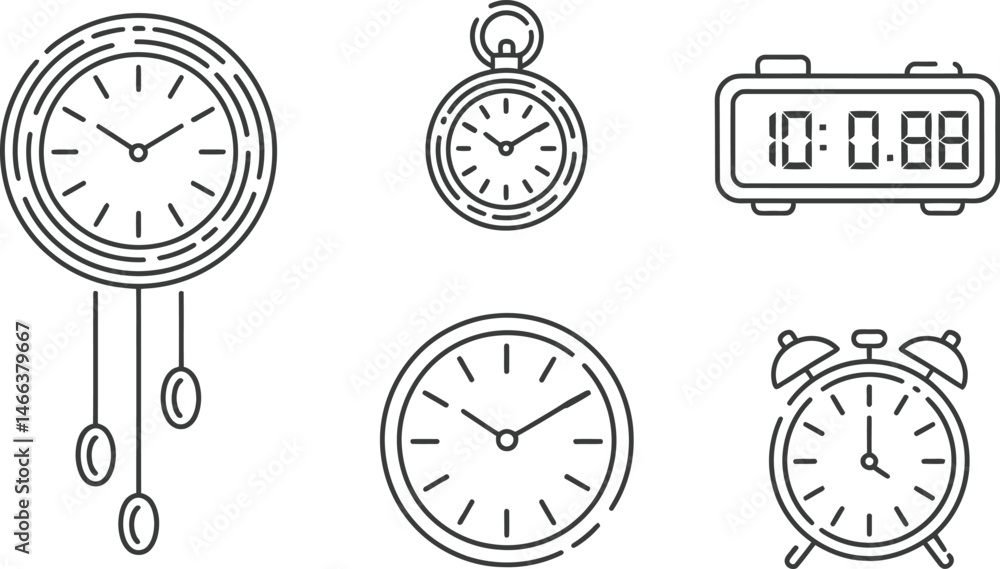 Poster collection of classic and modern timekeeping devices representing different styles and time measurem
