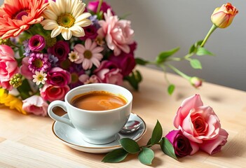A steaming cup of coffee beside a bouquet of fresh flowers on a soft, light wooden table,  design, spring