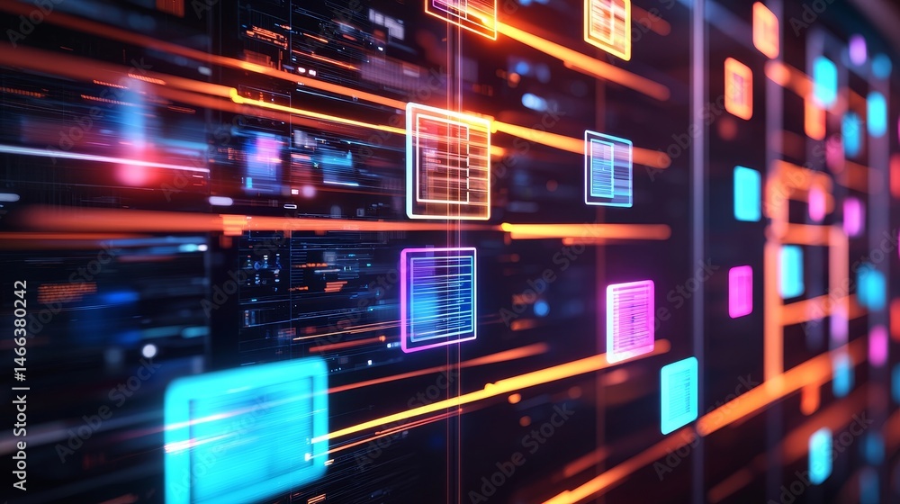 Poster digital asset management and storage concept. abstract digital data visualization with vibrant color