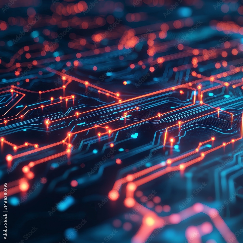 Poster artificial intelligence in business personalization concept. abstract circuit board with glowing con